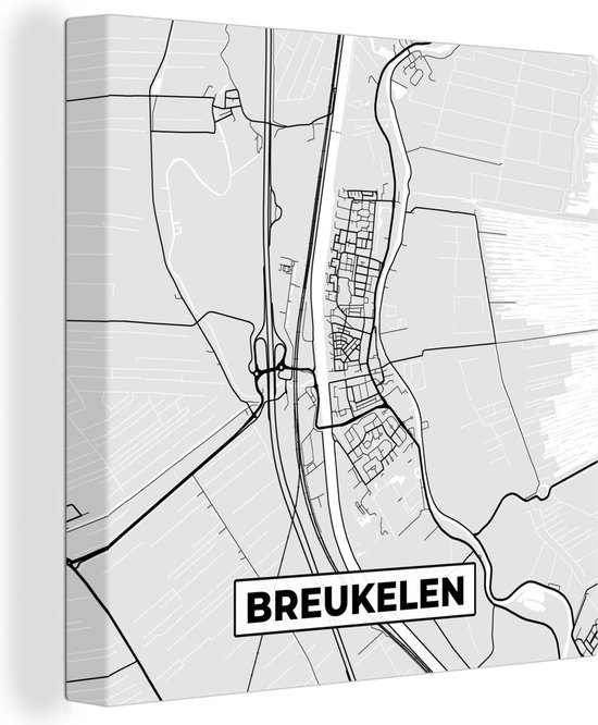 Peinture sur Toile Breukelen - Carte - Zwart Wit - Carte - Nederland -Bas - Plan de Ville - 50x50 cm - Décoration murale