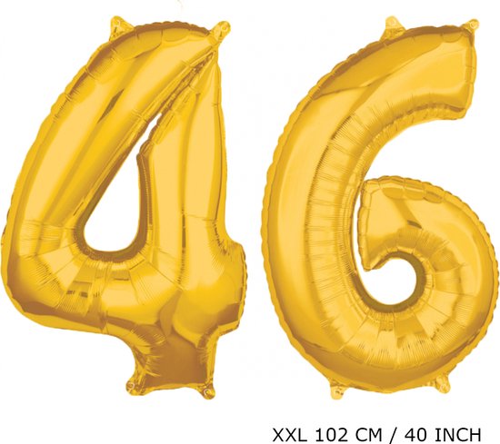 Mega grote XXL gouden folie ballon cijfer 46 jaar.  leeftijd verjaardag 46 jaar. 102 cm 40 inch. Met rietje om ballonnen mee op te blazen.