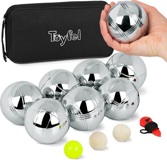 Toyfel Levy – Petanque Jeu de Boules Set met 8 Metalen Boccia Ballen, 2 Houten Ballen, Signaalbal, Meetlint & Draagtas – Buitenspel voor Kinderen & Volwassenen