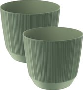 2x stuks moderne carf-stripe plantenpot/bloempot kunststof dia 17 cm/hoogte 15 cm groen voor binnen/buiten