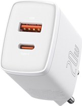 Baseus Compact Oplader met 1 USB A en 1 USB C aansluiting 20W wit - PD3.0 Power Delivery - QC3.0 Qualcomm Quick Charge