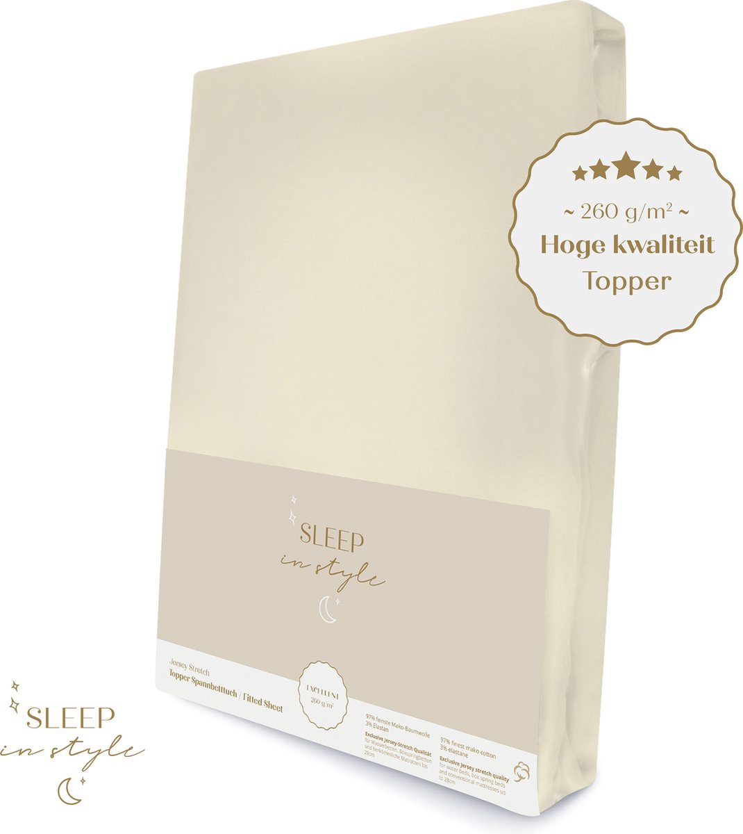 Hoge hotelkwaliteit Jersey Hoeslaken voor TOPPER - 180x210 cm - (tot 10 cm hoogte) - 260 grams -Champagne Creme