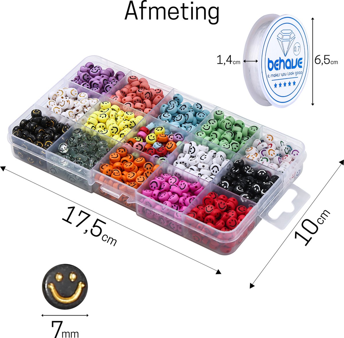 Behave Smiley Kralen Set - Emoji Kralen - DIY Sieraden maken - Rijgdraad - 15 Kleuren - 7x4mm - 80 Kralen per Kleur - Totaal 1200 Stuks — afbeelding 6