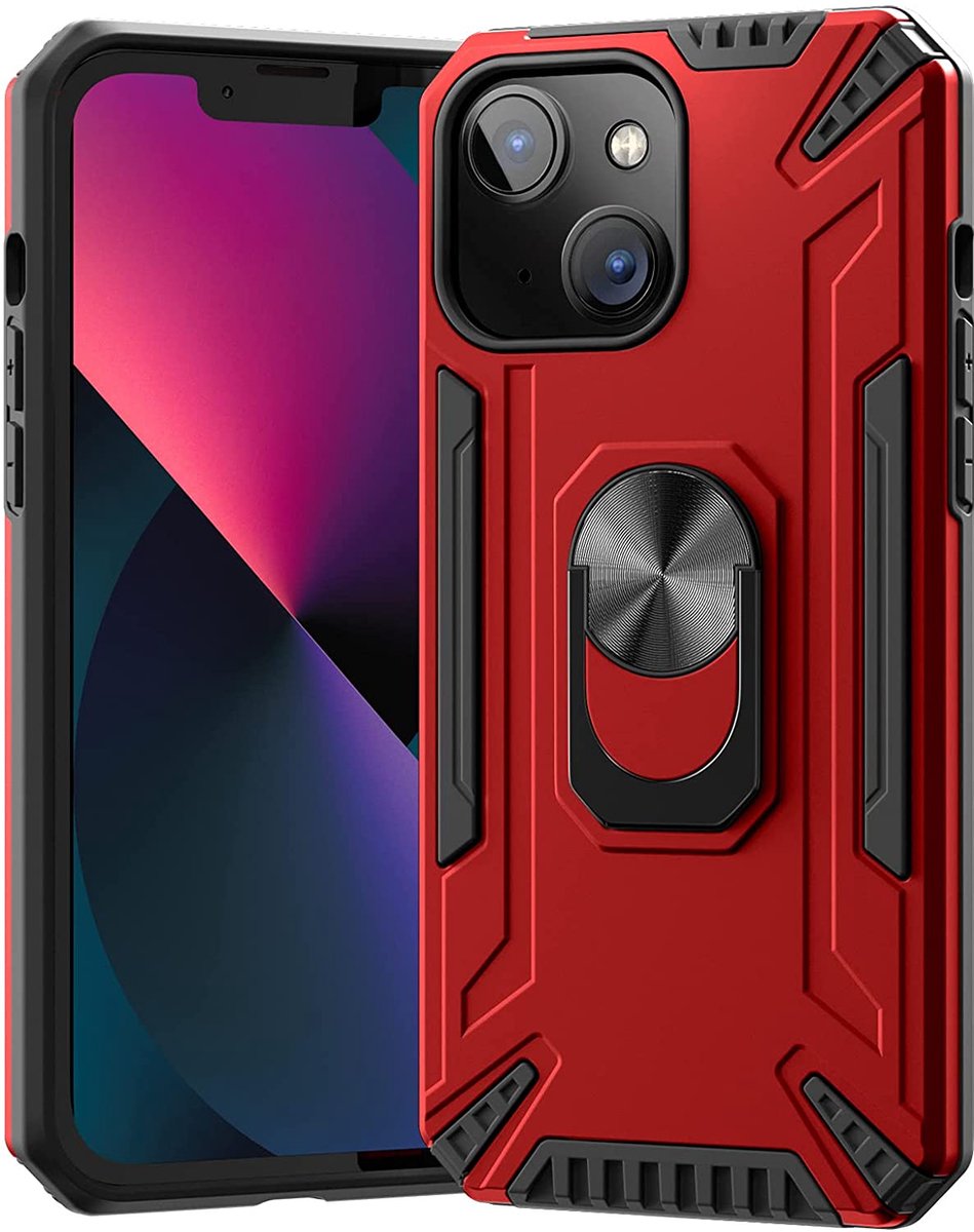 Dawngrey-hoesje voor mobiele telefoon-voor iPhone 13 Mini-hoesje met magnetische autohouder, gepantserd ontwerp met geïntegreerde 360 ​​° roterende ringstandaard voor slag- en schokbestendigheid (rood)