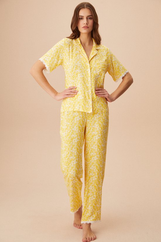Suwen- Viscose Dames Pyjama- Luxe Pyjamaset- Satijn Geel Maat L