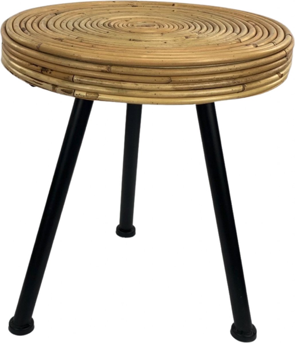 Rieten krukje met metalen poten van Naturn Living | Ronde handgemaakte kruk | Natuurlijke bijzettafel | Rotan kruk | Metalen driepoot kruk | Bruin
