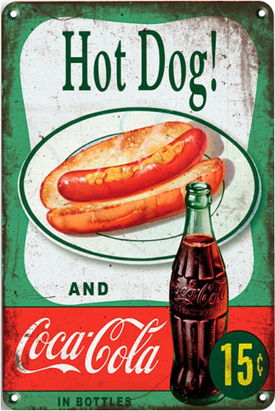 Signs-USA - Retro wandbord - metaal - Coca Cola and Hot Dog - 30 x 40 cm