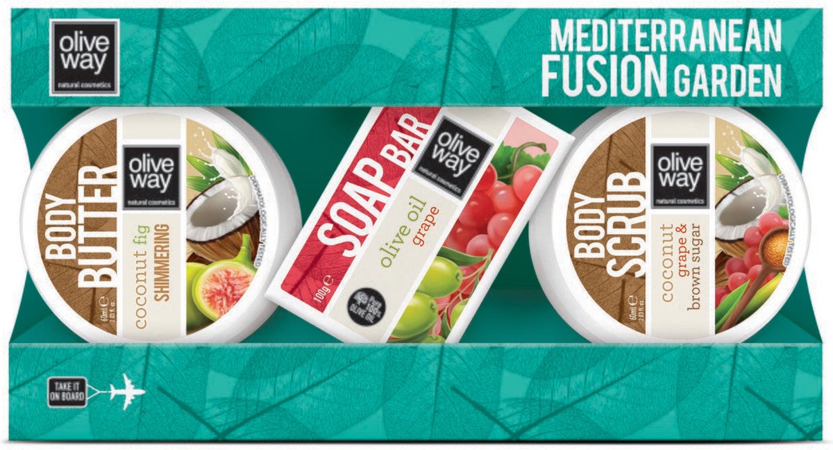 Goedkoopste Huidverzorging geschenkset - Oliveway - Natuurlijke Bodybutter, Olijfzeep en Bodyscrub