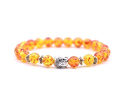 Armband met buddha bedel - Armband natuursteen - Kralen band - Dames / Heren / Unisex / Cadeau - Cadeau voor man & vrouw - Zilveren Buddha - Elastisch - Lava