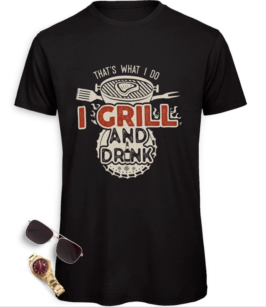 Heren t Shirt met BBQ opdruk - Mannen tShirt grappig Grill and Drink print - Maten: S M L XL XXL XXXL - Shirt kleuren: zwart, rood, urban oranje en royal blauw.