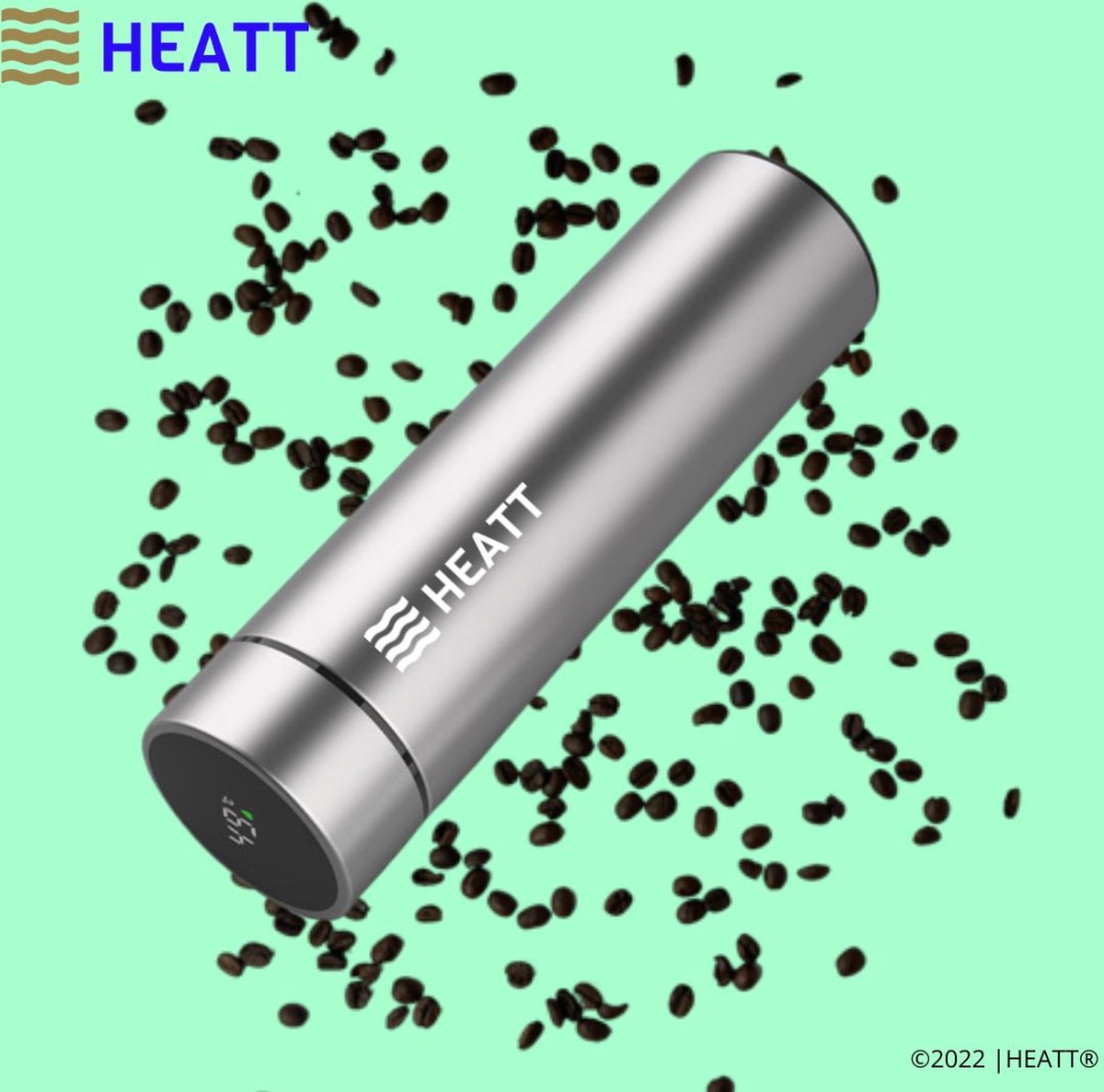 HEATT | De slimme thermosbeker - Zilver - Thermosbeker - Thermosfles - 12 uur warm - 24 uur koud - hermetisch afgesloten thermosbeker - vacuüm afgesloten thermosbeker - thermoskan - koffiebeker - slimme thermosbeker - smart thermosbottle