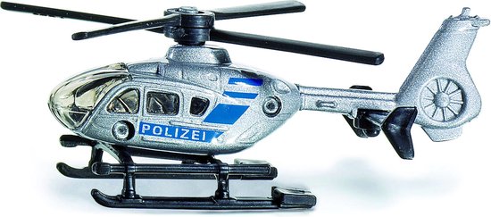 Zilverkleurige politiehelikopter met blauwe strepen en "POLIZEI" opschrift.