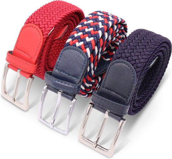 Safekeepers elastische riem - gevlochten riem dames - gevlochten riem heren -  3 stuks blauw, rood en multicolor