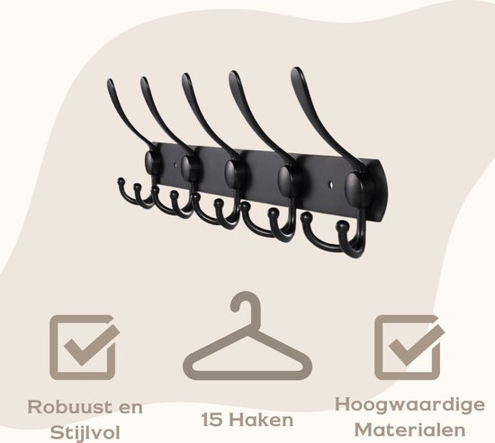 SensaHome - Kapstok 15-Haaks - Wandkapstok voor aan de Muur - Inclusief
