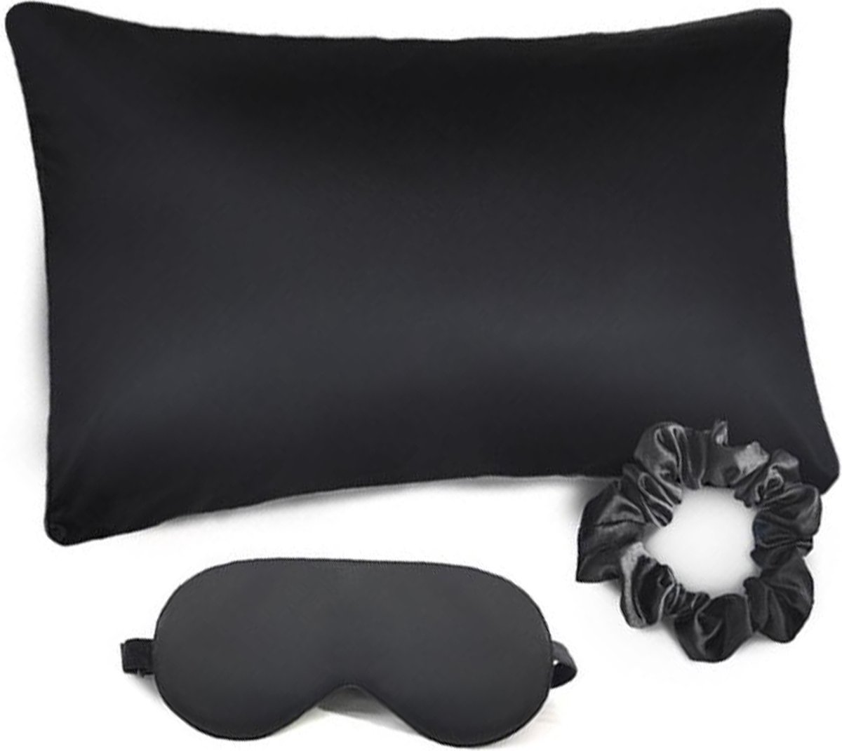 Xd Xtreme - Satijnen kussensloop set - slaap set - scrunchie - slaapmasker - pillow case set - Zwart