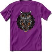 Uil - Dieren Mandala T-Shirt | Oranje | Grappig Verjaardag Zentangle Dierenkop Cadeau Shirt | Dames - Heren - Unisex | Wildlife Tshirt Kleding Kado | - Paars - M