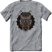 Uil - Dieren Mandala T-Shirt | Oranje | Grappig Verjaardag Zentangle Dierenkop Cadeau Shirt | Dames - Heren - Unisex | Wildlife Tshirt Kleding Kado | - Donker Grijs - Gemaleerd - 3