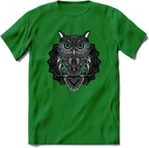 Uil - Dieren Mandala T-Shirt | Aqua | Grappig Verjaardag Zentangle Dierenkop Cadeau Shirt | Dames - Heren - Unisex | Wildlife Tshirt Kleding Kado | - Donker Groen - L