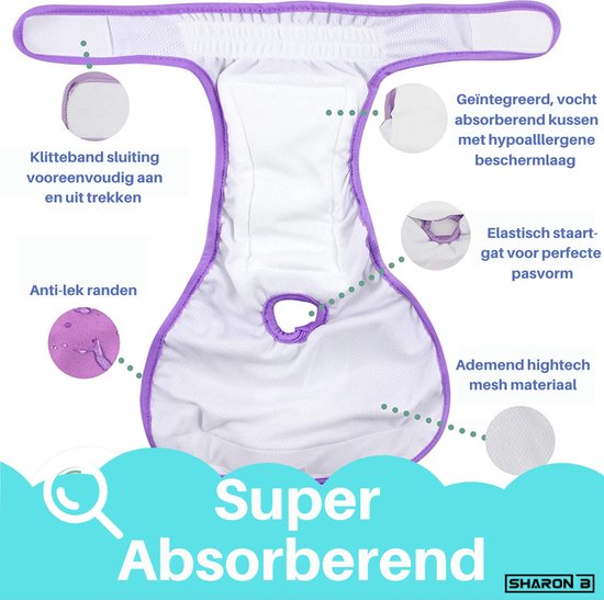 Paars hondenbroekje met klittenband, anti-lek randen en elastisch staartgat. Super absorberend.