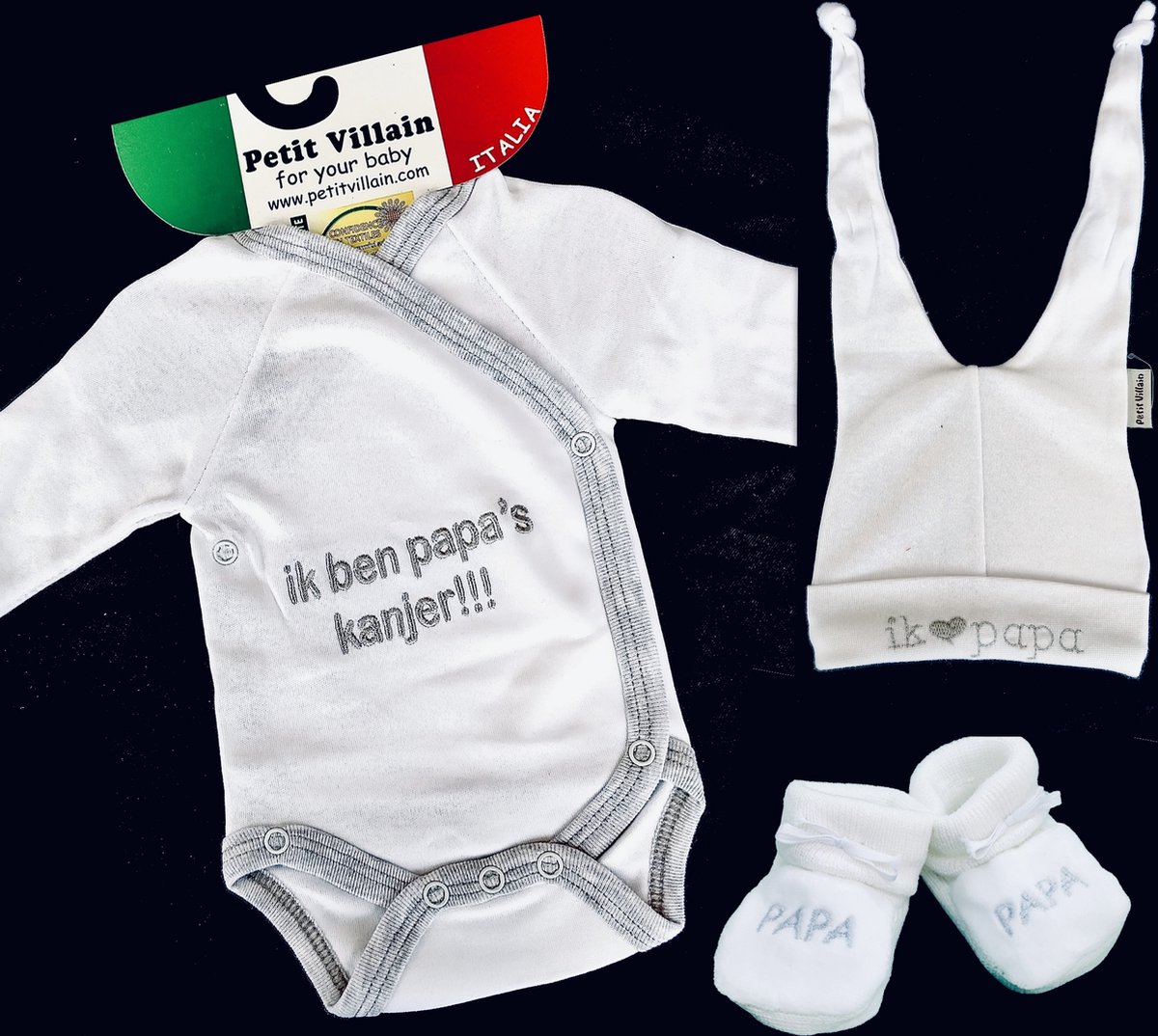 Petit Villain Baby Cadeauset / Kraamcadeau - 3-delig - Unisex - Romper+mutsje+slofjes - I  PAPA - Wit/Grijs- Maat 56/62