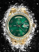 80 x 120 cm - Glasschilderij - Rolex horloge - goud/groen - schilderij fotokunst - foto print op glas