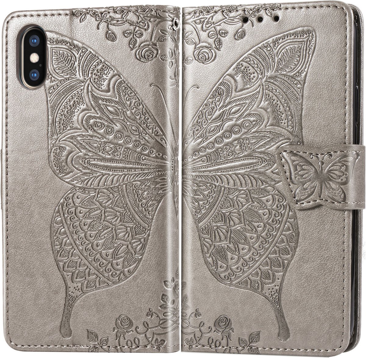 Bookcase geschikt voor Apple iPhone XR - Grijs - Vlinder - Portemonnee Hoesje