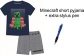 Minecraft Short Pyjama - Blauw/grijs - 100% Katoen. Maat 128 cm / 8 jaar + EXTRA 1 Stylus Pen.