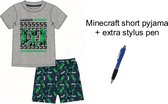 Minecraft Short Pyjama - Grijs/blauw - 100% Katoen. Maat 128 cm / 8 jaar + EXTRA 1 stylus Pen.