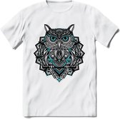 Uil - Dieren Mandala T-Shirt | Lichtblauw | Grappig Verjaardag Zentangle Dierenkop Cadeau Shirt | Dames - Heren - Unisex | Wildlife Tshirt Kleding Kado | - Wit - L