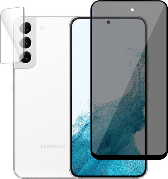 Een Samsung S22 telefoon met privacy screenprotector. De telefoon is wit met een drievoudige camera. De screenprotector is donker en grijs.