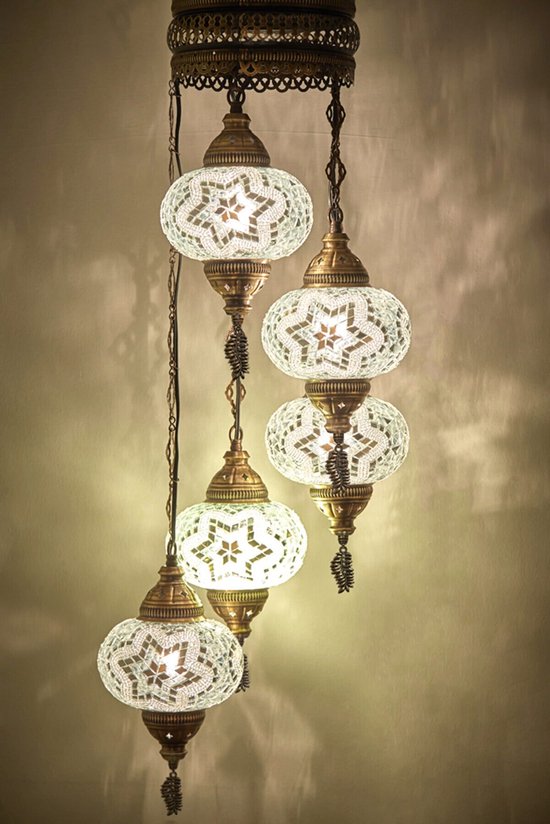Oosterse lamp wit 5 glazen bollen mozaiek kroonluchter