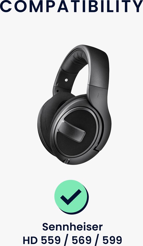 Zwarte Sennheiser HD 559 / 569 / 599 koptelefoon, afgebeeld met een groen vinkje voor compatibiliteit.