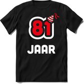 81 Jaar Feest kado T-Shirt Heren / Dames - Perfect Verjaardag Cadeau Shirt - Wit / Rood - Maat XL