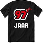 97 Jaar Feest kado T-Shirt Heren / Dames - Perfect Verjaardag Cadeau Shirt - Wit / Rood - Maat XL