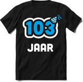 103 Jaar Feest kado T-Shirt Heren / Dames - Perfect Verjaardag Cadeau Shirt - Wit / Blauw - Maat L