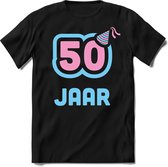 50 Jaar Feest kado T-Shirt Heren / Dames - Perfect Verjaardag Cadeau Shirt - Licht Blauw / Licht Roze - Maat L