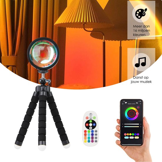 Agellic® Sunset Lamp met Tripod – Tiktok Lamp – Sunset Projection Lamp – Zonnelamp - Sterren Projector - Meer dan 16 kleuren – LED – Projectie lamp met afstandsbediening en app