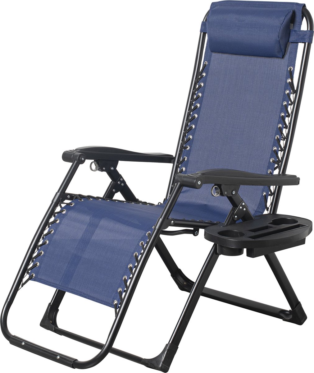 Brulo - ligstoel tuin - ligstoelen - strandstoel opvouwbaar - tuinstoel - incl tafel en hoofdkussen – navy