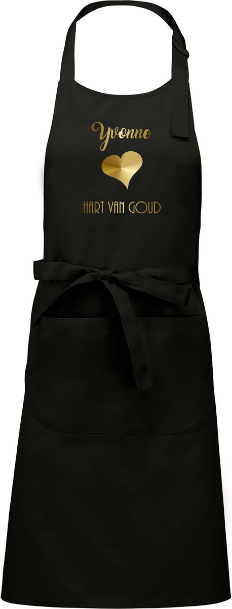 Naam cadeau - Yvonne - Hart van Goud - Keukenschort -zwart - cadeau Moederdag - trouwdag - verjaardag - jubileum