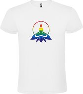Wit T shirt met print van "Boeddha in cirkel op lotusbloem " print multicolour size M