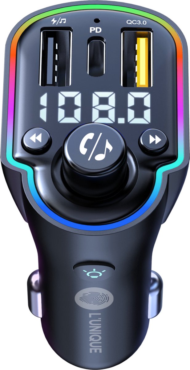 FM Transmitter Bluetooth 5.0 | Draadloze Carkit | Handsfree bellen | Autolader | Auto Snellader | RGB Licht | 2x Fastcharger USB Poort | USB-C Poort