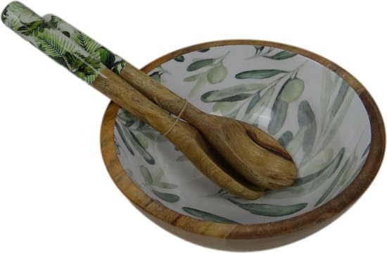 mangohout-saladeschaal-bladeren-papegaai-met-sla-lepels-bladeren