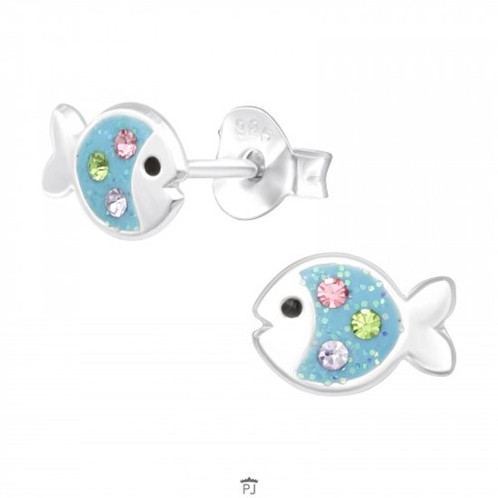 Oorbellen meisjes zilver | Zilveren oorstekers, blauwe vis met gekleurde kristallen