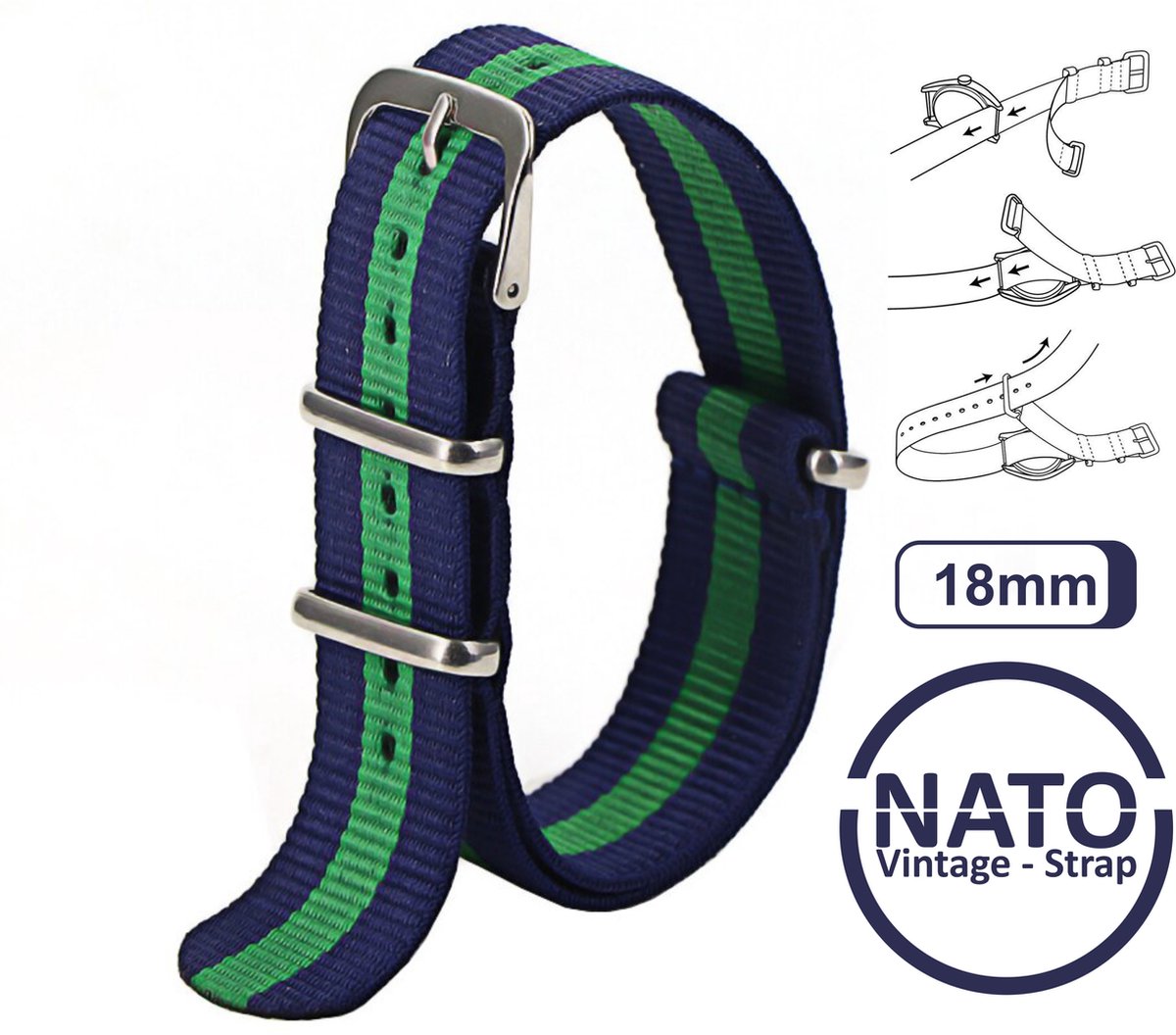 18mm Nato Strap Blauw met Groene streep - Vintage James Bond - Nato Strap collectie - Mannen - Horlogebanden - Blue Green - 18 mm bandbreedte voor oa. Seiko Rolex Omega Casio en Citizen
