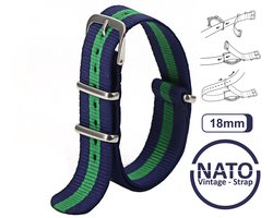 18mm Nato Strap Blauw met Groene streep - Vintage James Bond - Nato Strap collectie - Mannen - Horlogebanden - Blue Green - 18 mm bandbreedte voor oa. Seiko Rolex Omega Casio en Citizen