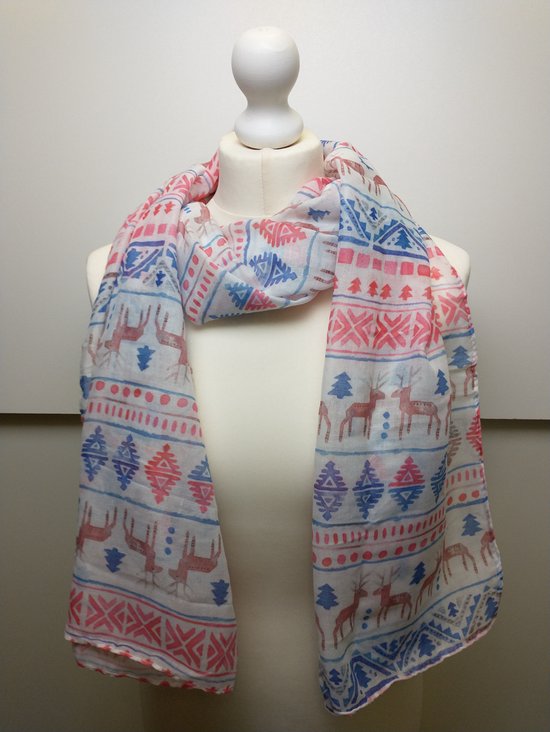 Lange dames sjaal Hermine fantasiemotief roze wit blauw bruin wit