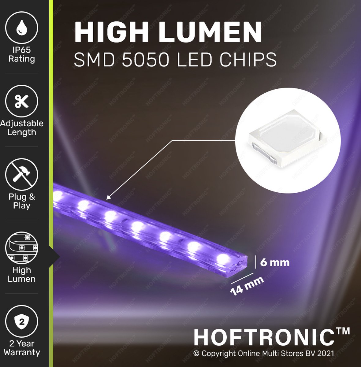 HOFTRONIC™ Dimmable LED Strip 2m 3000K 60 LEDs/m IP65 Plug & Play - SMD  2835 - Flex60 Series