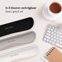 Zwarte, grijze en witte polssteunen van IMIX MEDIA naast een toetsenbord en koffiekopje.