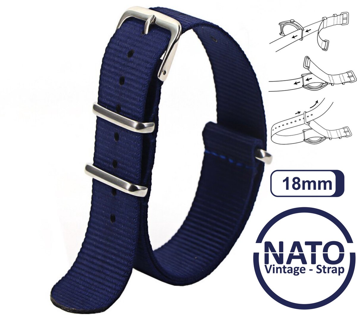 18mm Nato Strap Blauw - Vintage James Bond - Nato Strap collectie - Mannen - Horlogebanden - Blue - 18 mm bandbreedte voor oa. Seiko Rolex Omega Casio en Citizen