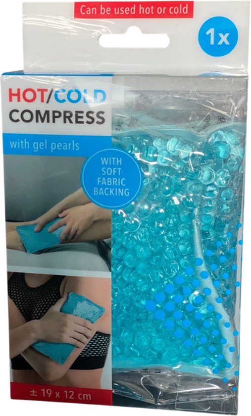 Verpakking met een blauwe gel-compress met gelparels, kan warm of koud gebruikt worden.